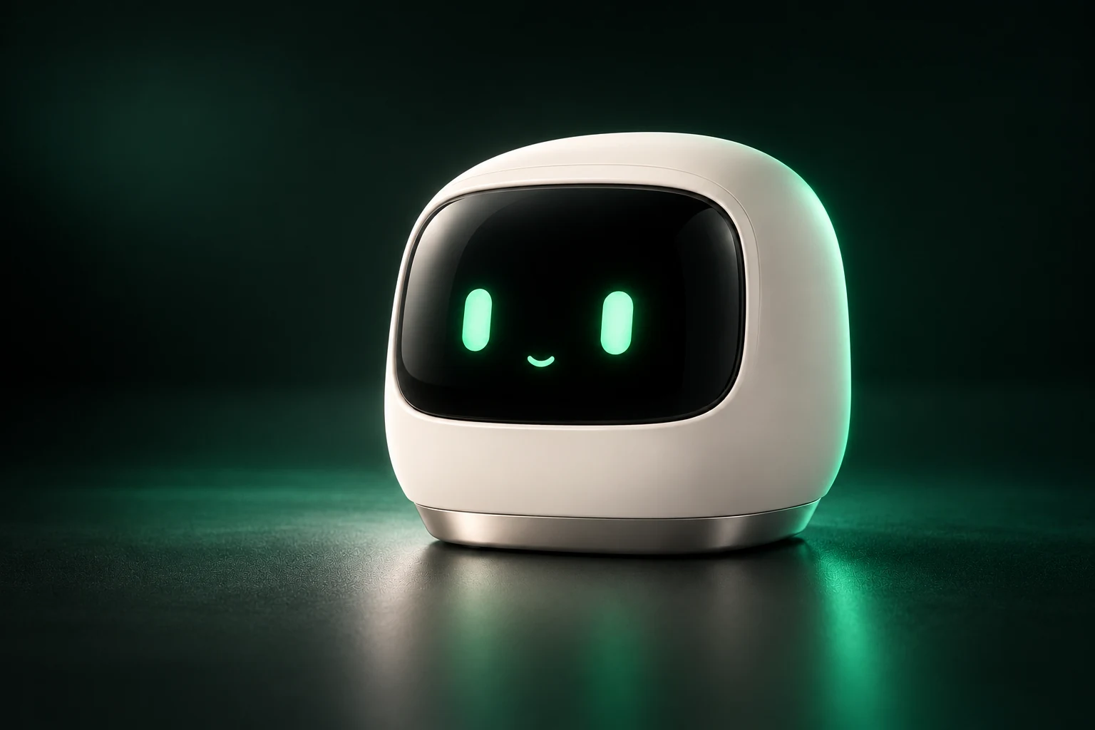 Original desktop robot design concept with a white shell, black visor and jade expressive eyes